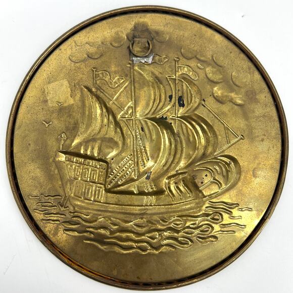Vintage Made in England Embossed Brass Wall Plate Sailing Ship 8" with Hanger #1 - Picture 2 of 5